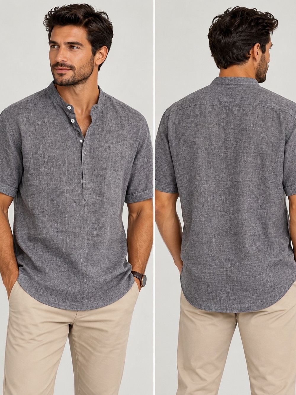Men's Short-Sleeve Henley Button-Front Shirt — Charcoal